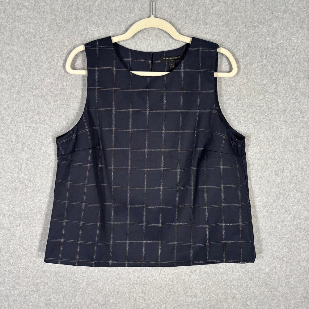 Banana Republic Top Large Navy Satin Check Tank Blouse Metallic Quiet‎ Glam Suit